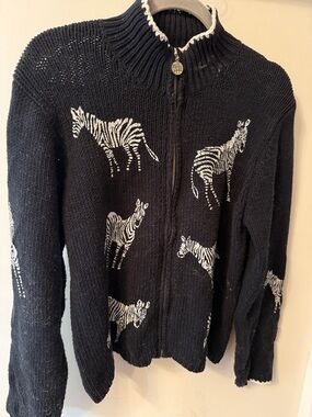 Black Zebra-Print Zip Cardigan Sweater with Stand Collar